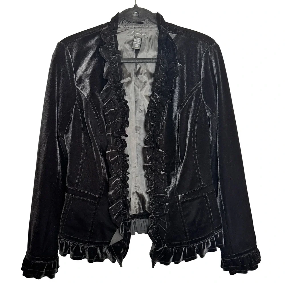 INC Black Velvet Goth Romantic Ruffle Blazer M Jacket Equestrian Riding Fairy - Picture 3 of 16